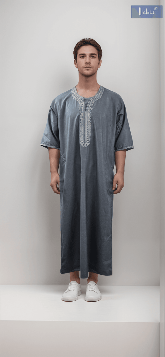 Moroccan Embroidery Mens Thobe - 3/4th Sleeves - Model 8 - IIJM8-2