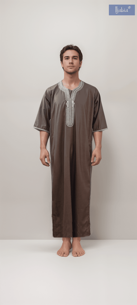 Moroccan Embroidery Mens Thobe - 3/4th Sleeves - Model 8 - IIJM8-3