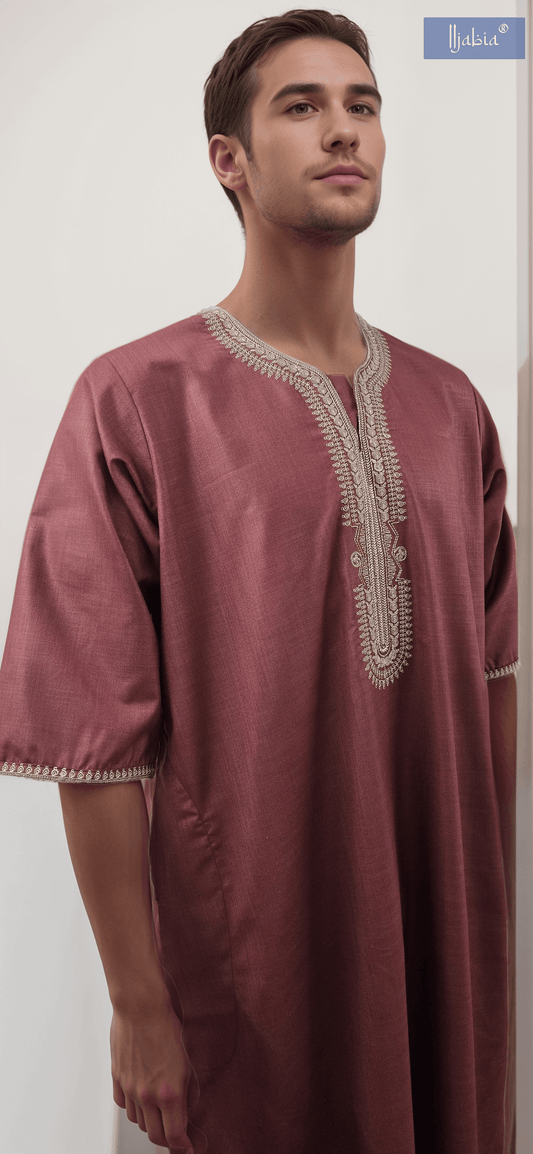 Moroccan Embroidery Mens Thobe - 3/4th Sleeves - Model 8 - IIJM8-4