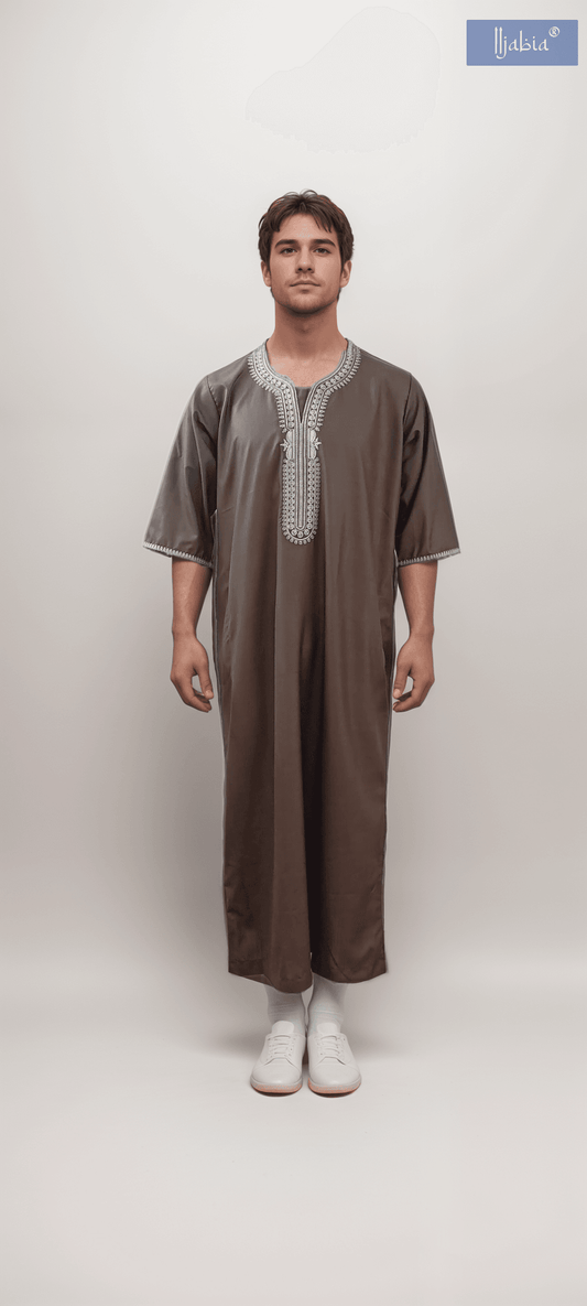 Moroccan Embroidery Mens Thobe - 3/4th Sleeves - Model 8 - IIJM8-5
