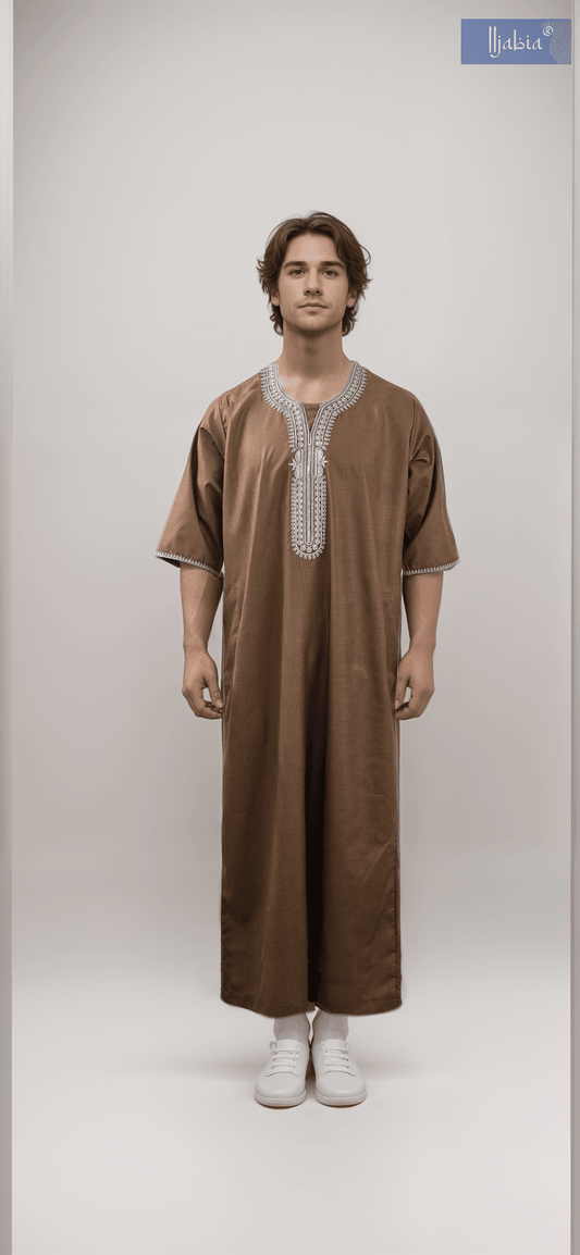 Moroccan Embroidery Mens Thobe - 3/4th Sleeves - Model 8 - IIJM8-8