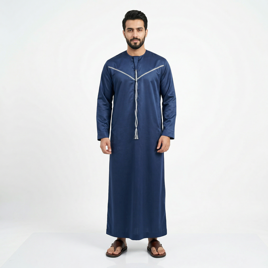 Emirati Mens Omani Thobe - Indian Shiny - Contrast￼ embroidery - Navy Blue