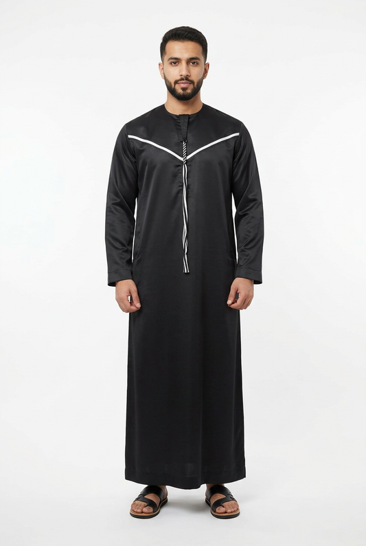 Emirati Mens Omani Thobe - Indian Shiny - Contrast embroidery - Black