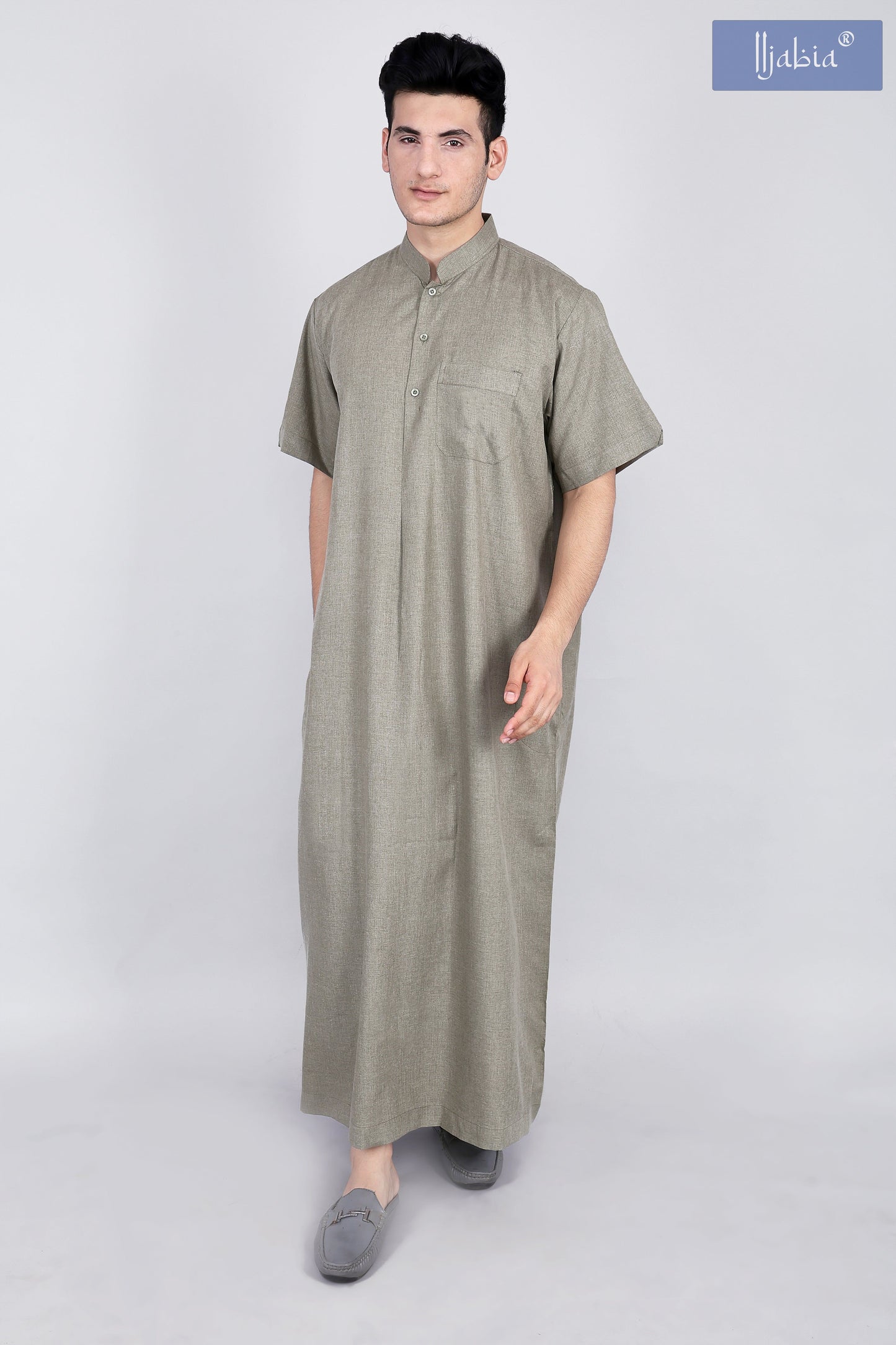 saudi collar mens thobe half sleeves green

