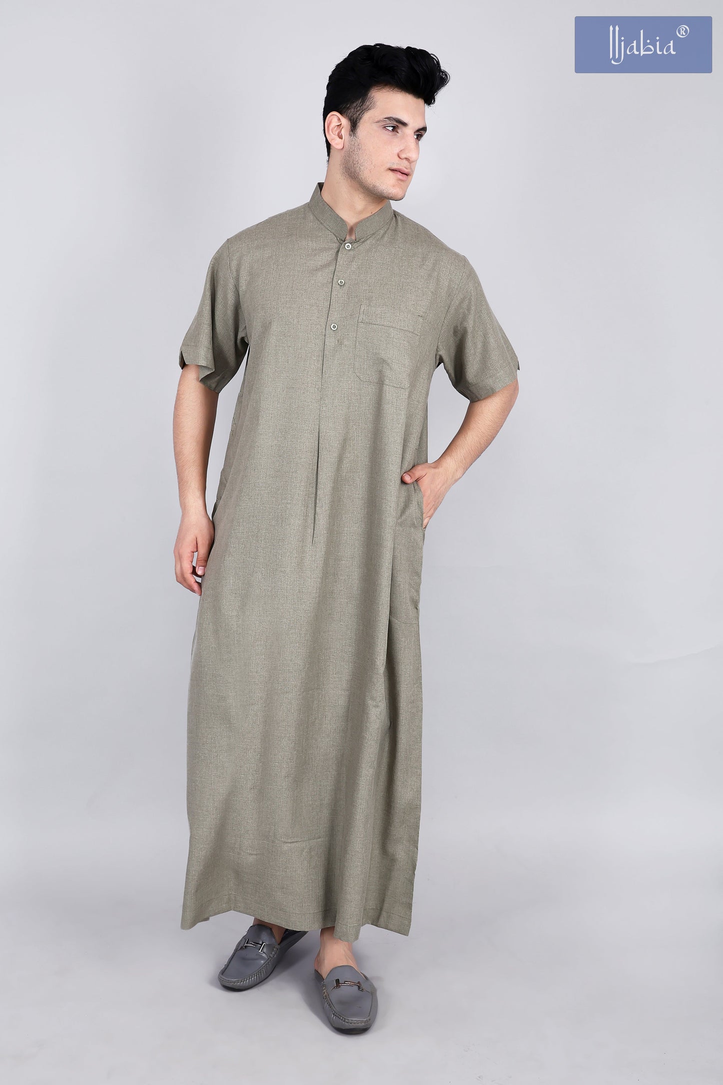 saudi collar mens thobe half sleeves green
