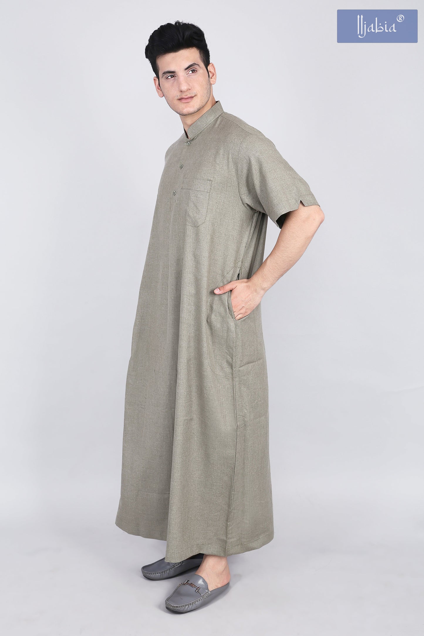saudi collar mens thobe half sleeves green
