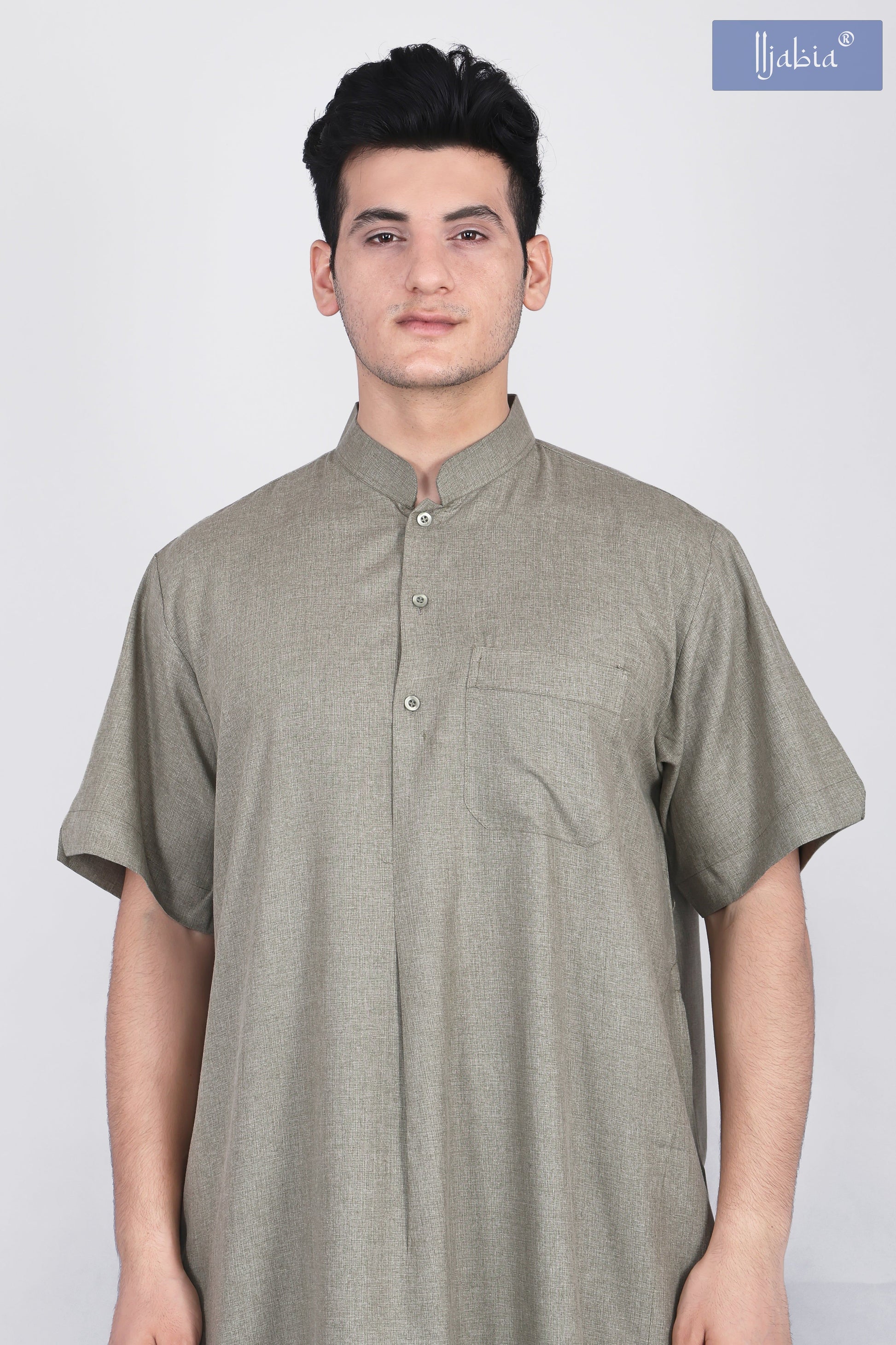 saudi collar mens thobe half sleeves green
