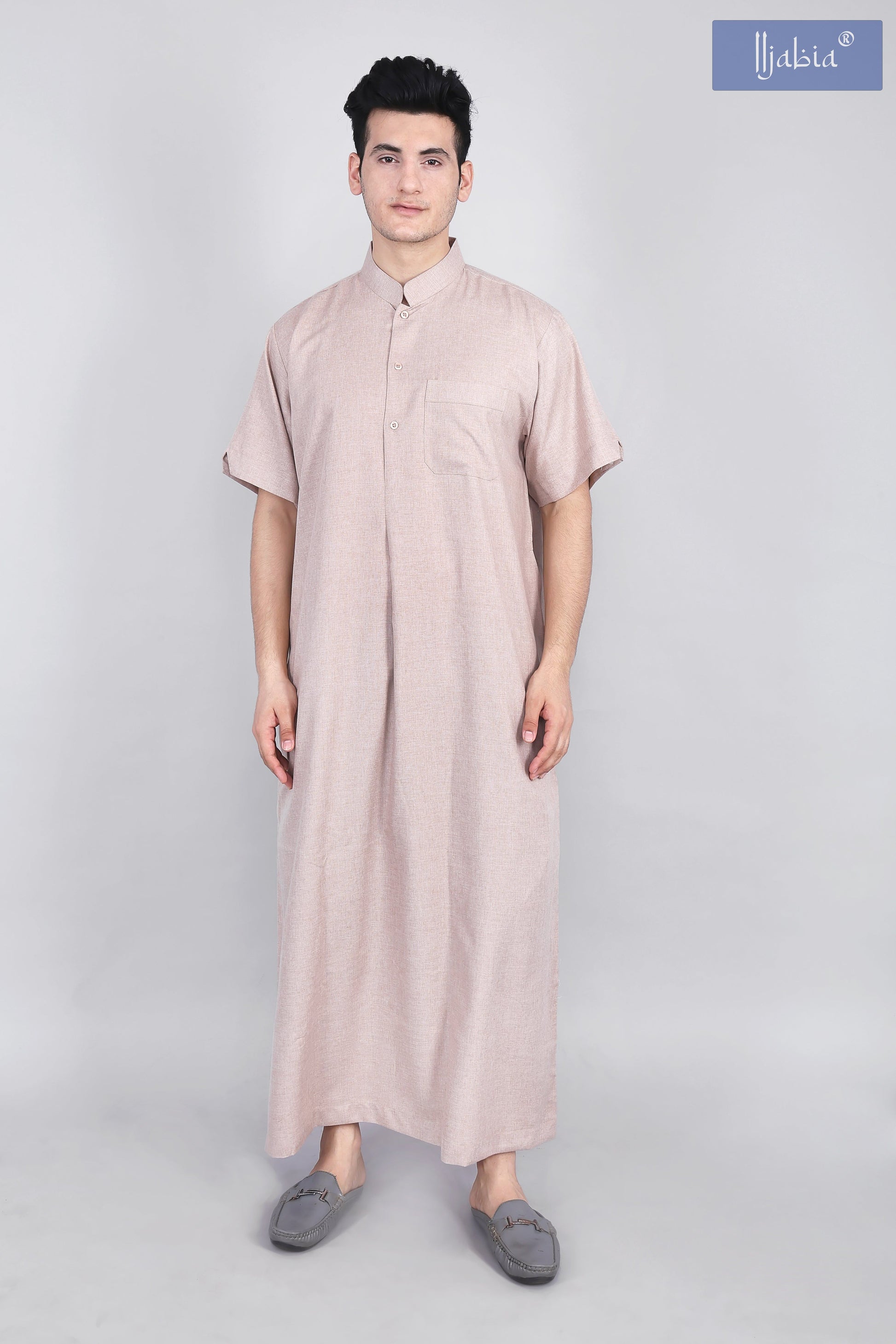  Saudi collar mens thobe half sleeves beige
