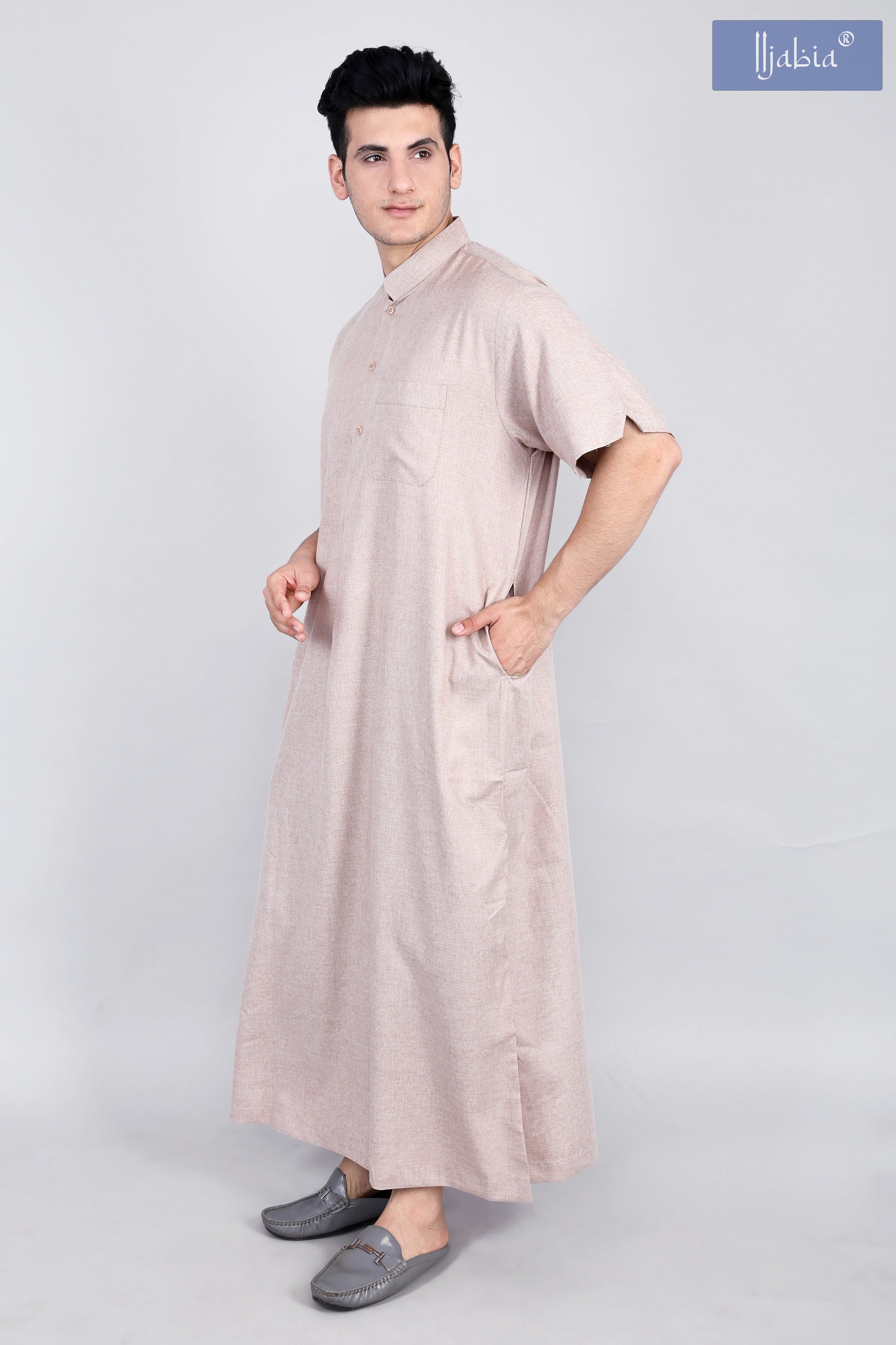  Saudi collar mens thobe half sleeves beige
