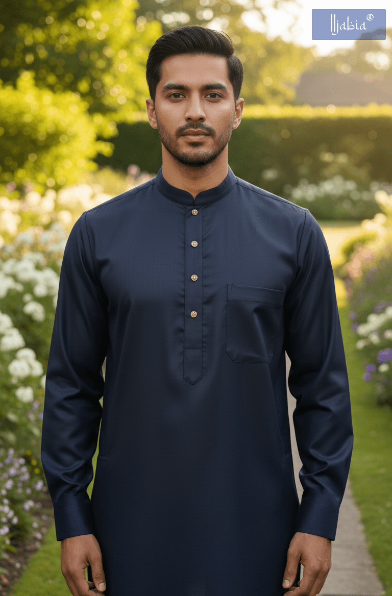 Saudi Collar Thobe - Premium TR Fabric - Navy Blue