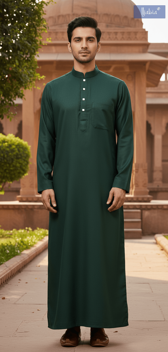 Saudi Collar Thobe - Premium TR Fabric - Bottle Green