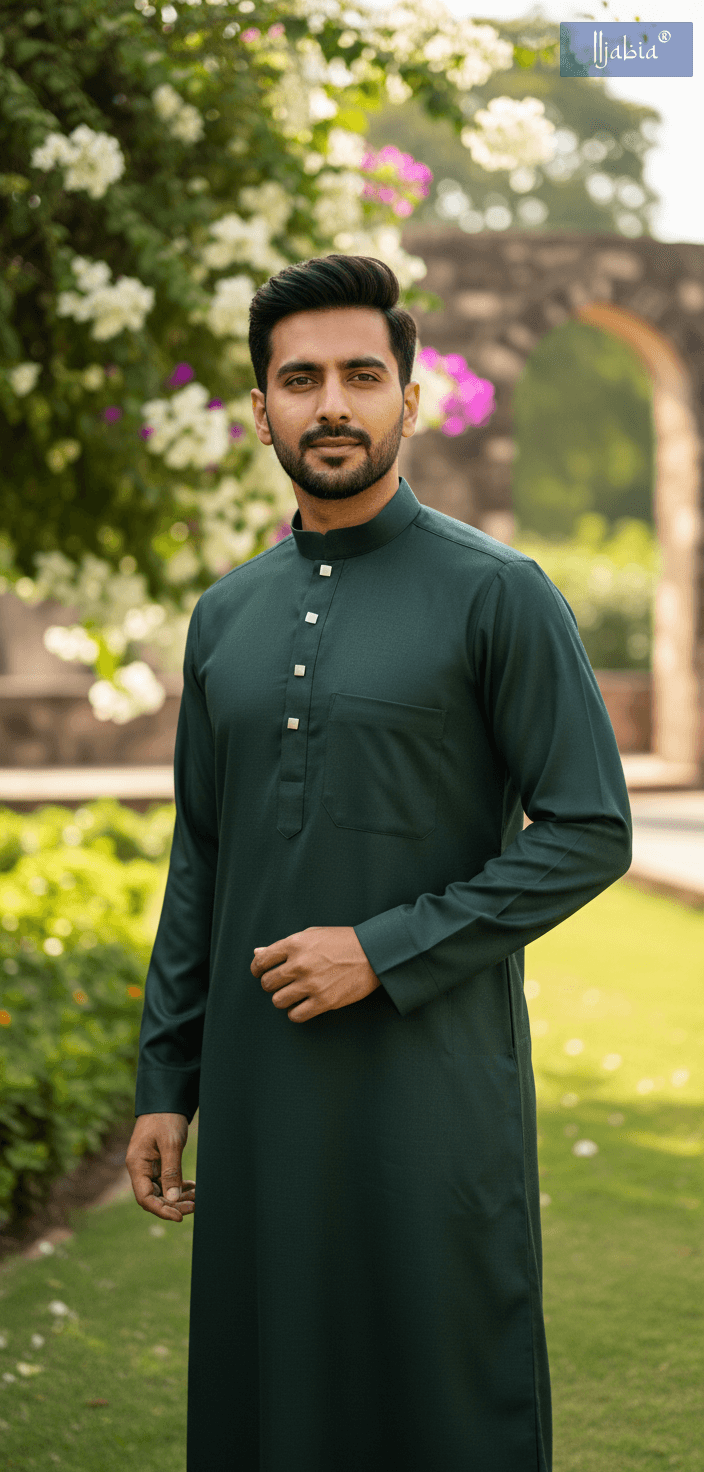 Saudi Collar Thobe - Premium TR Fabric - Bottle Green