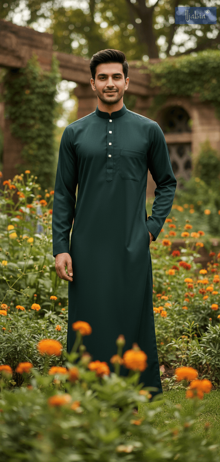 Saudi Collar Thobe - Premium TR Fabric - Bottle Green