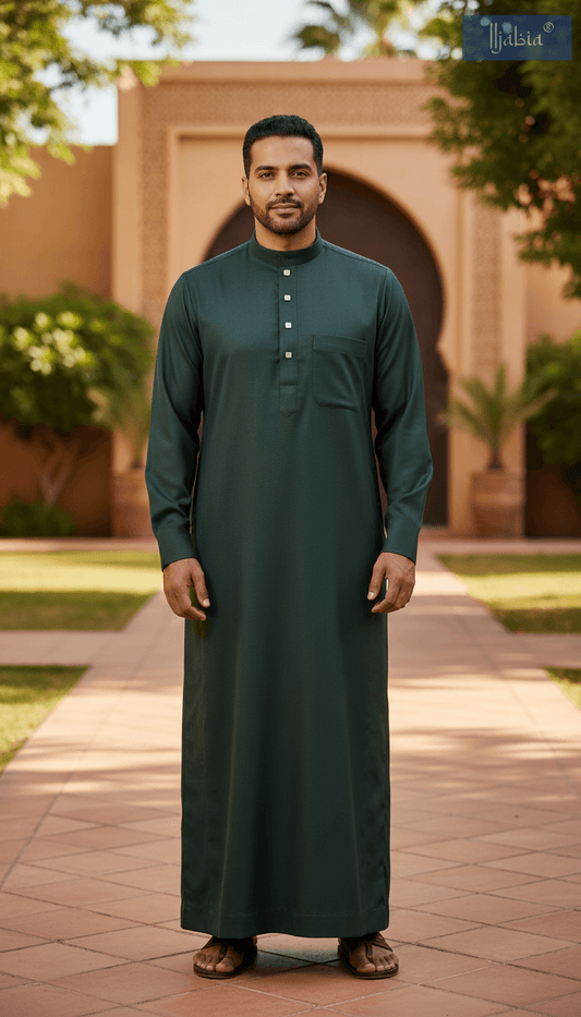 Saudi Collar Thobe - Premium TR Fabric - Bottle Green
