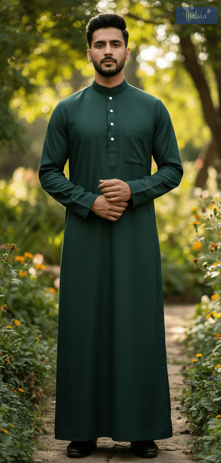 Saudi Collar Thobe - Premium TR Fabric - Bottle Green