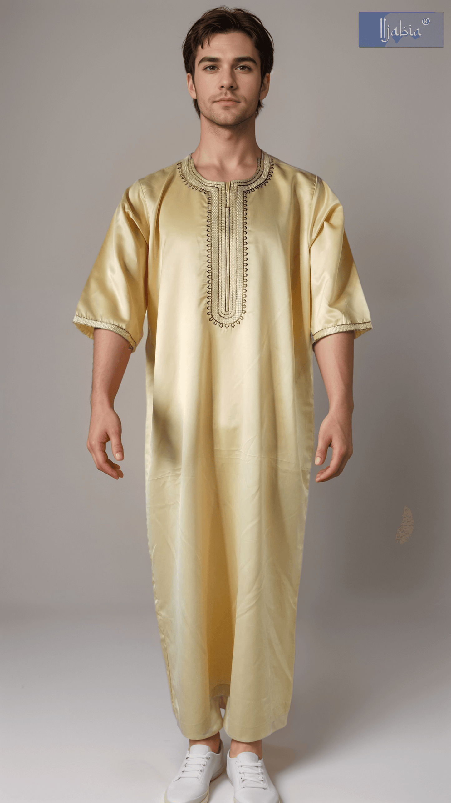 Indian Shiny Fabric Morocco Thobe - 3/4 Sleeves - Best - Cream