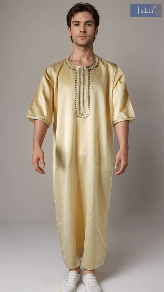 Indian Shiny Fabric Morocco Thobe - 3/4 Sleeves - Best - Cream