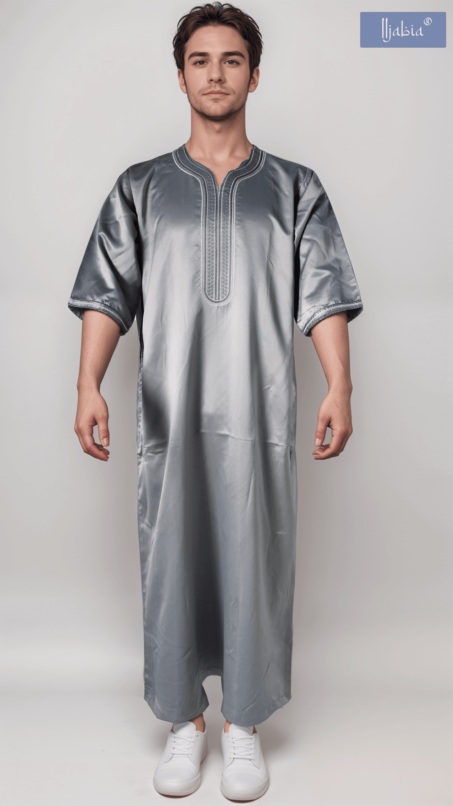 Indian Shiny Fabric Morocco Thobe - 3/4 Sleeves - Hypnosis - Dark Grey