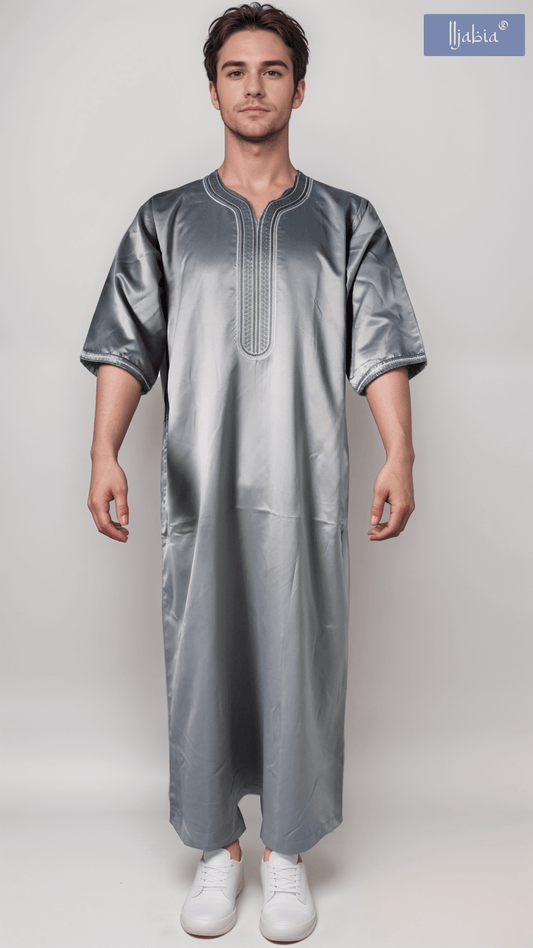 Indian Shiny Fabric Morocco Thobe - 3/4 Sleeves - Hypnosis - Dark Grey