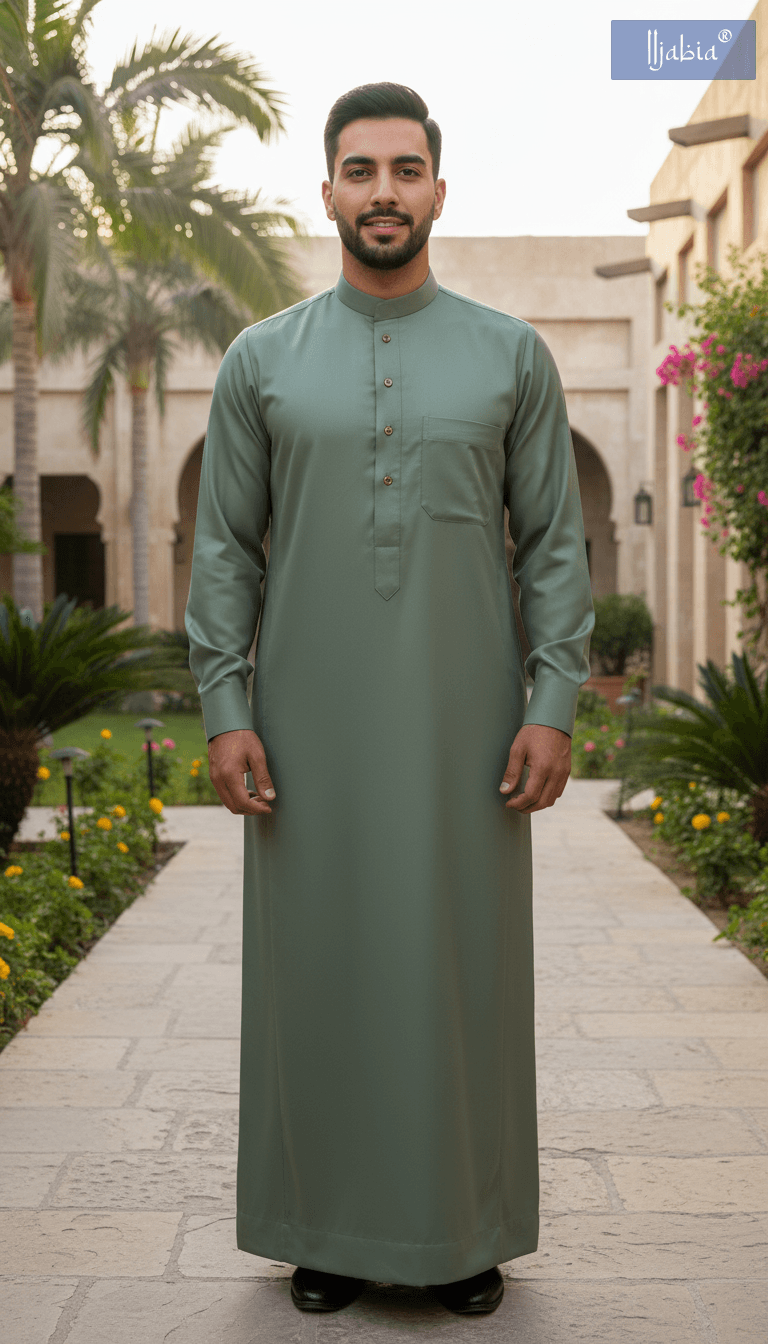 Saudi Collar Thobe - Premium TR Fabric - Pastel Green