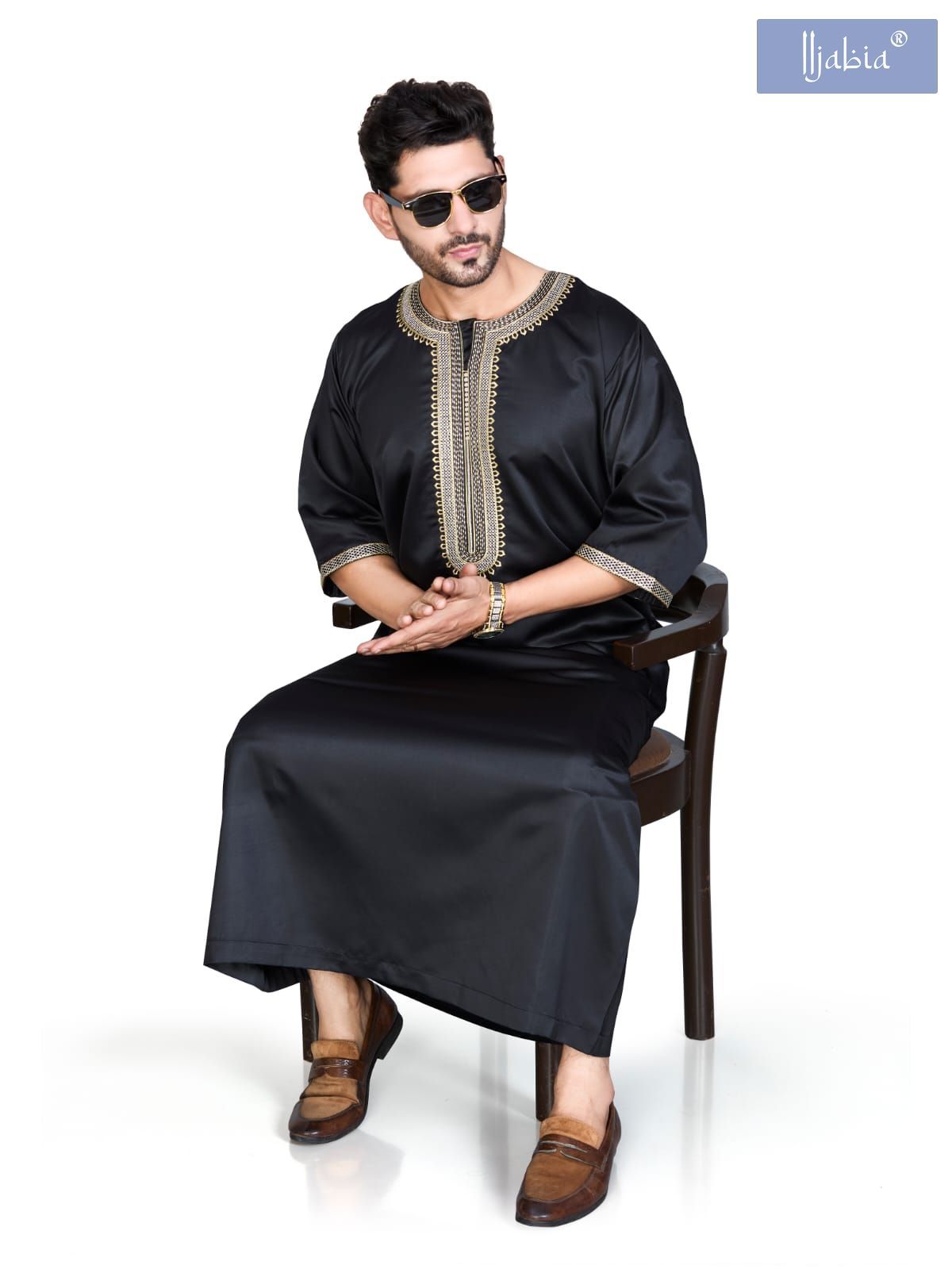 Indian Shiny Fabric Morocco Thobe - 3/4 Sleeves - Best - Black