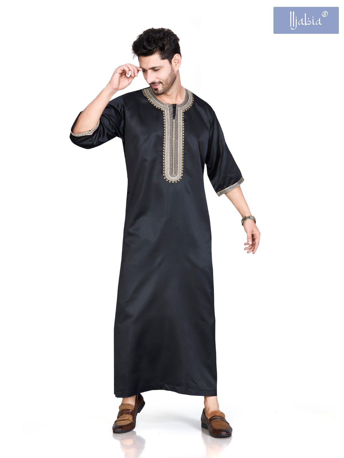 Indian Shiny Fabric Morocco Thobe - 3/4 Sleeves - Best - Black