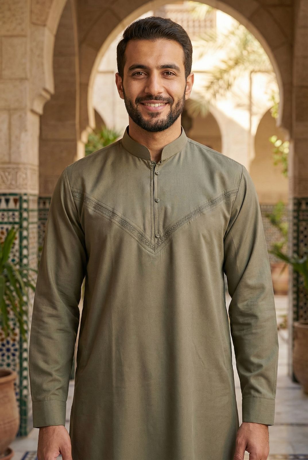 Mens Collar Omani Thobe - Full Sleeves - Olive Green