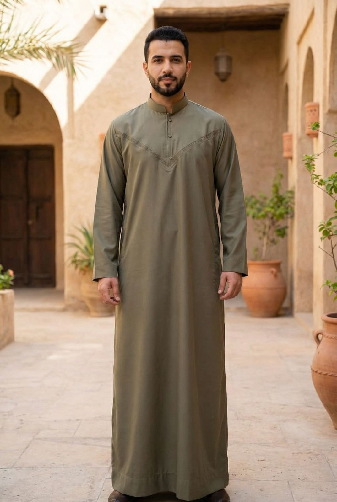 Mens Collar Omani Thobe - Full Sleeves - Olive Green