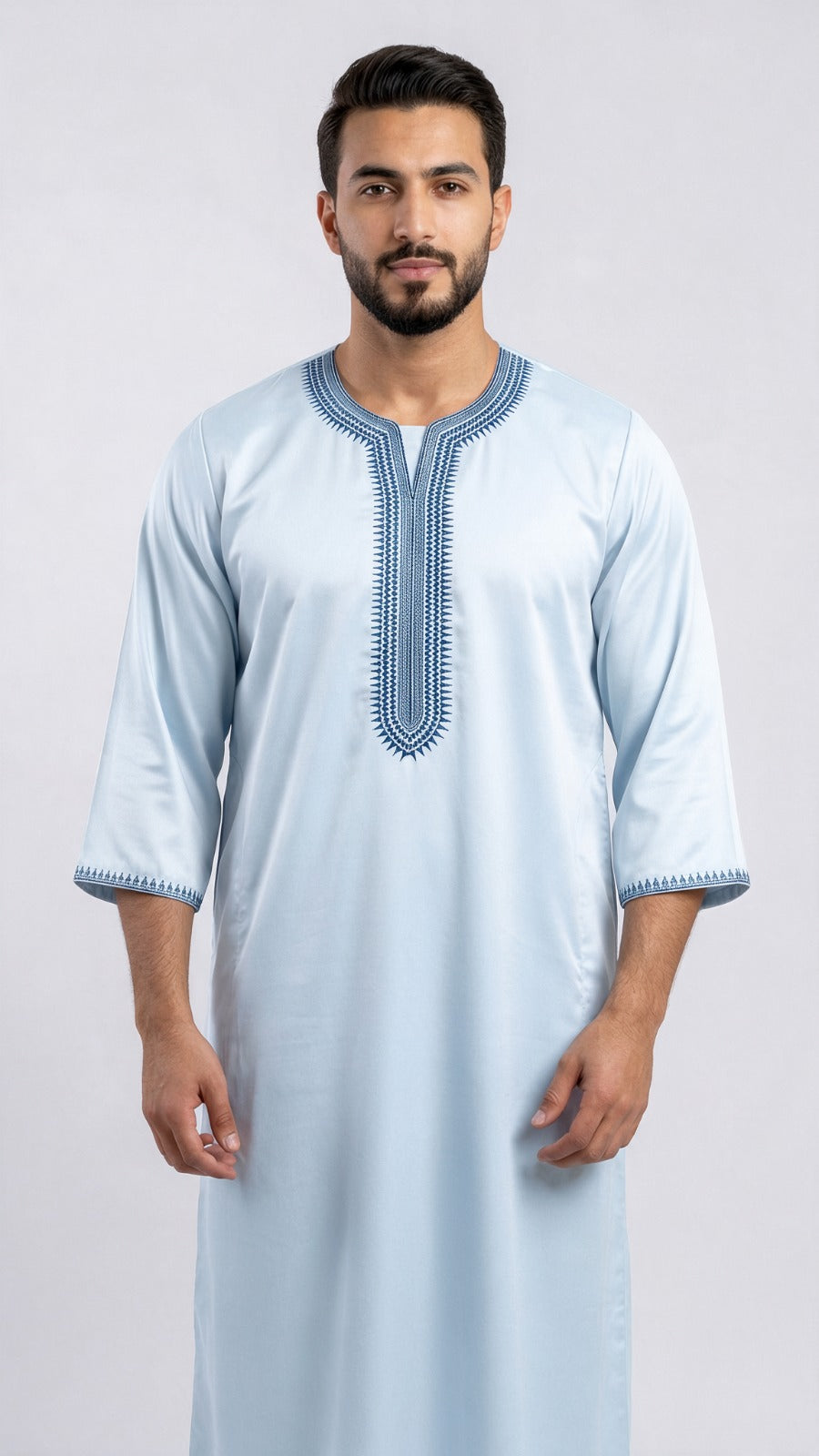 Indian Shiny Fabric Morocco Thobe - 3/4 Sleeves - Best - Sky Blue  (Design 3)
