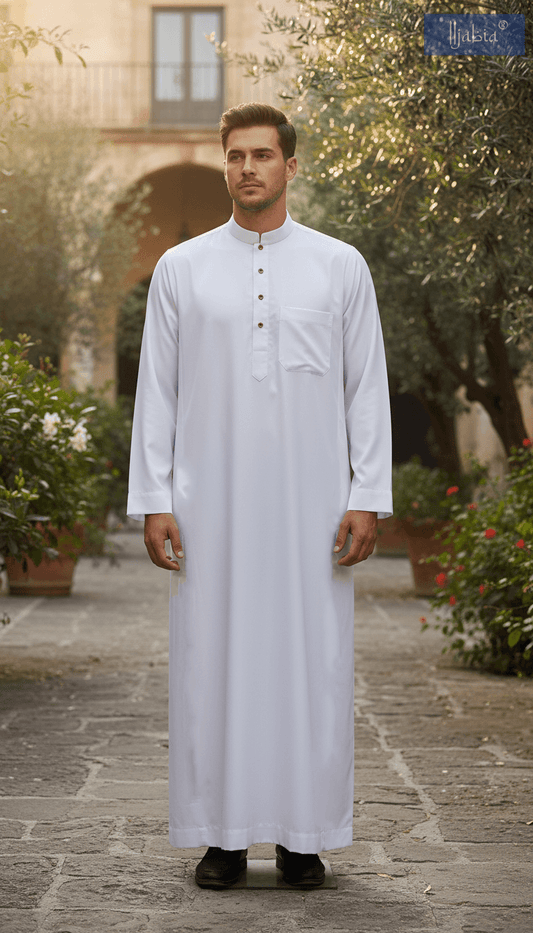 Saudi Collar Thobe - Premium TR Fabric - White