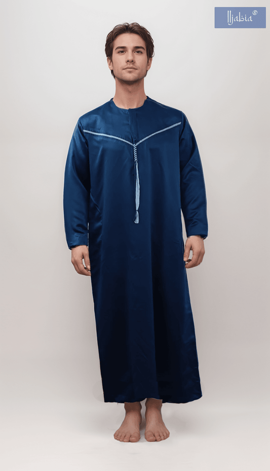 Emirati Mens Omani Thobe - Indian Shiny - Contrast embroidery - Navy Blue