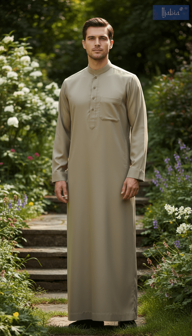 Saudi Collar Thobe - Premium TR Fabric - Beige