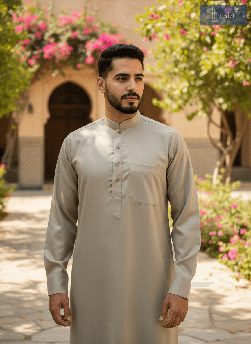 Saudi Collar Thobe - Premium TR Fabric - Beige