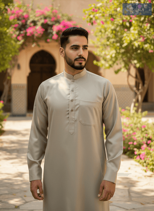 Saudi Collar Thobe - Premium TR Fabric - Beige