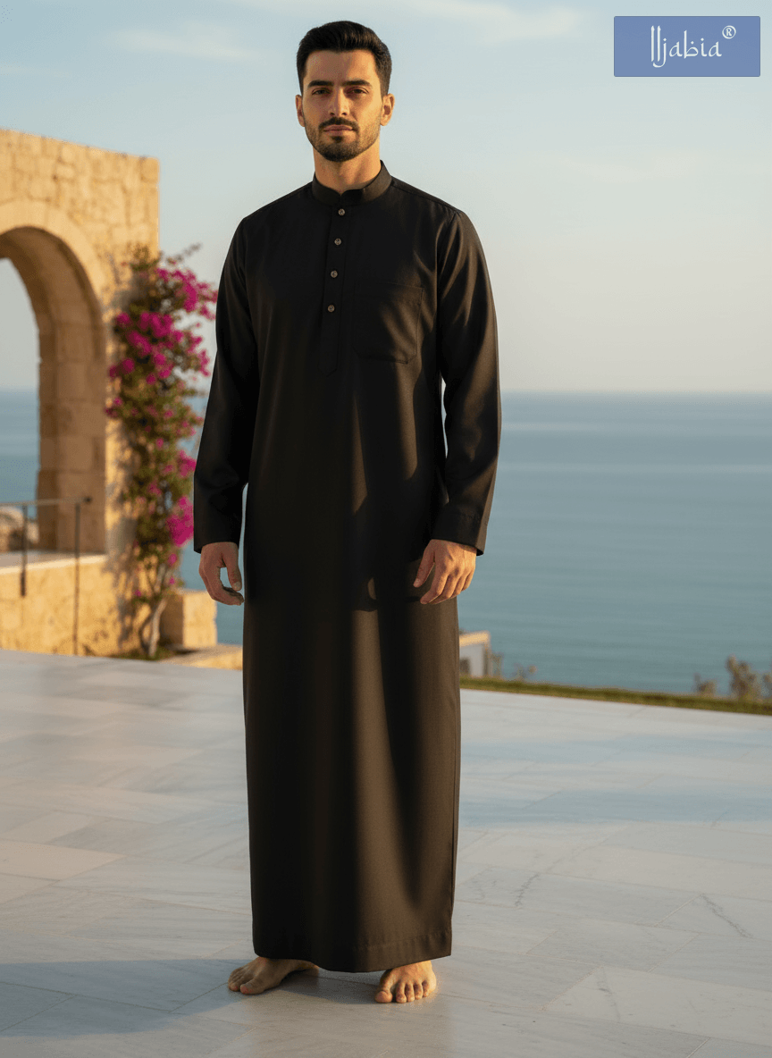 Saudi Collar Thobe - Premium TR Fabric - Black