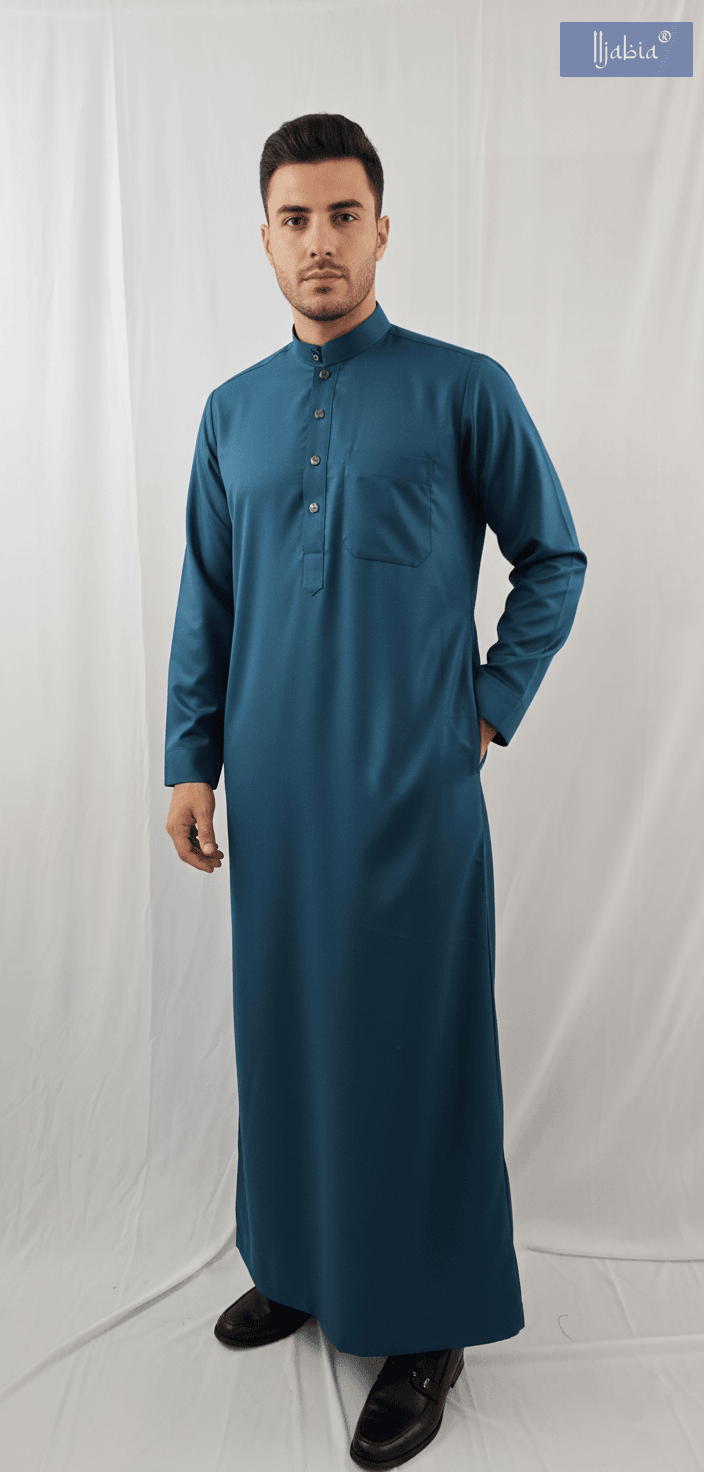 Saudi Collar Thobe - Premium TR Fabric - Peacock Blue