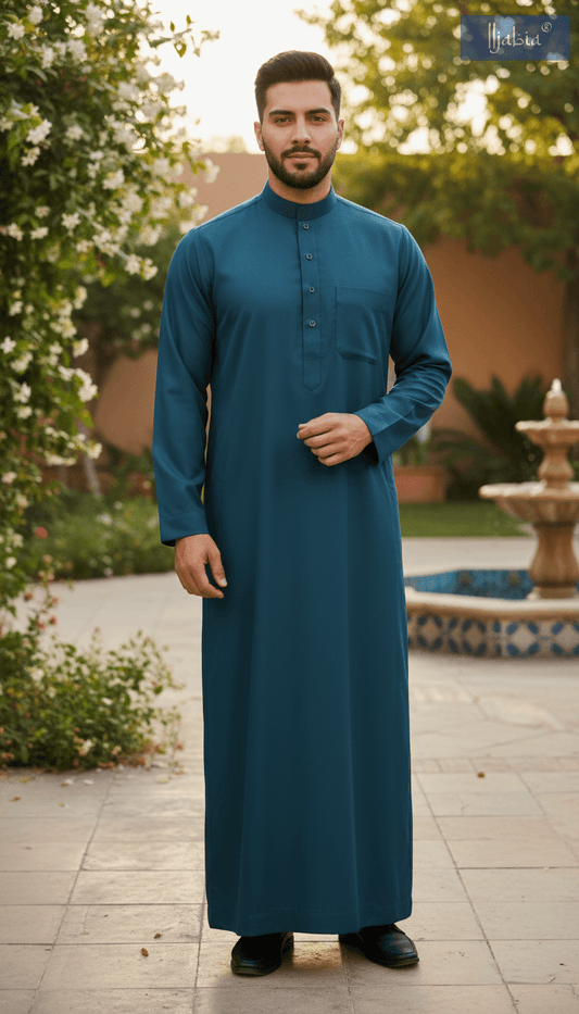 Saudi Collar Thobe - Premium TR Fabric - Blue