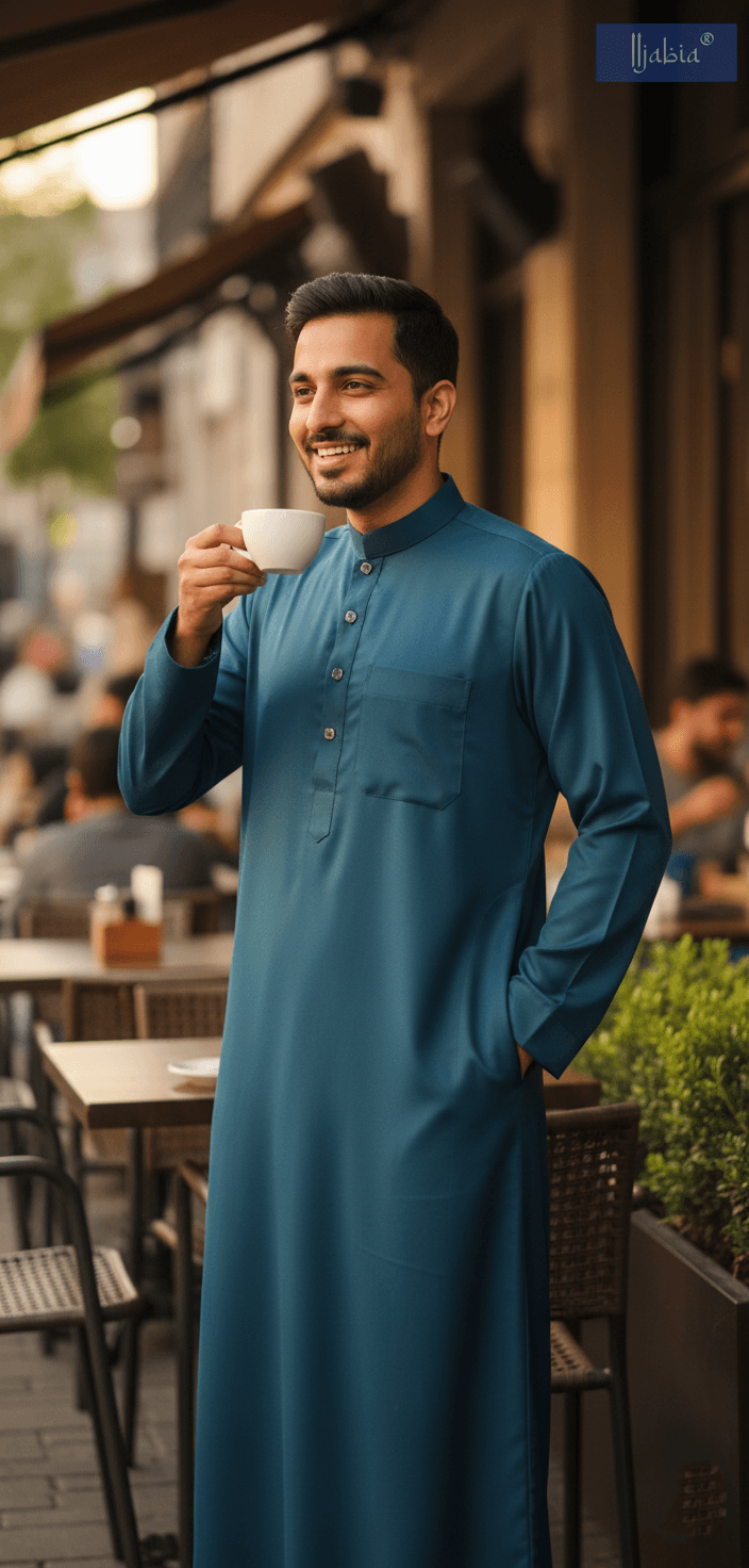 Saudi Collar Thobe - Premium TR Fabric - Peacock Blue