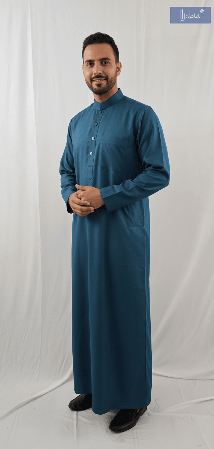 Saudi Collar Thobe - Premium TR Fabric - Peacock Blue