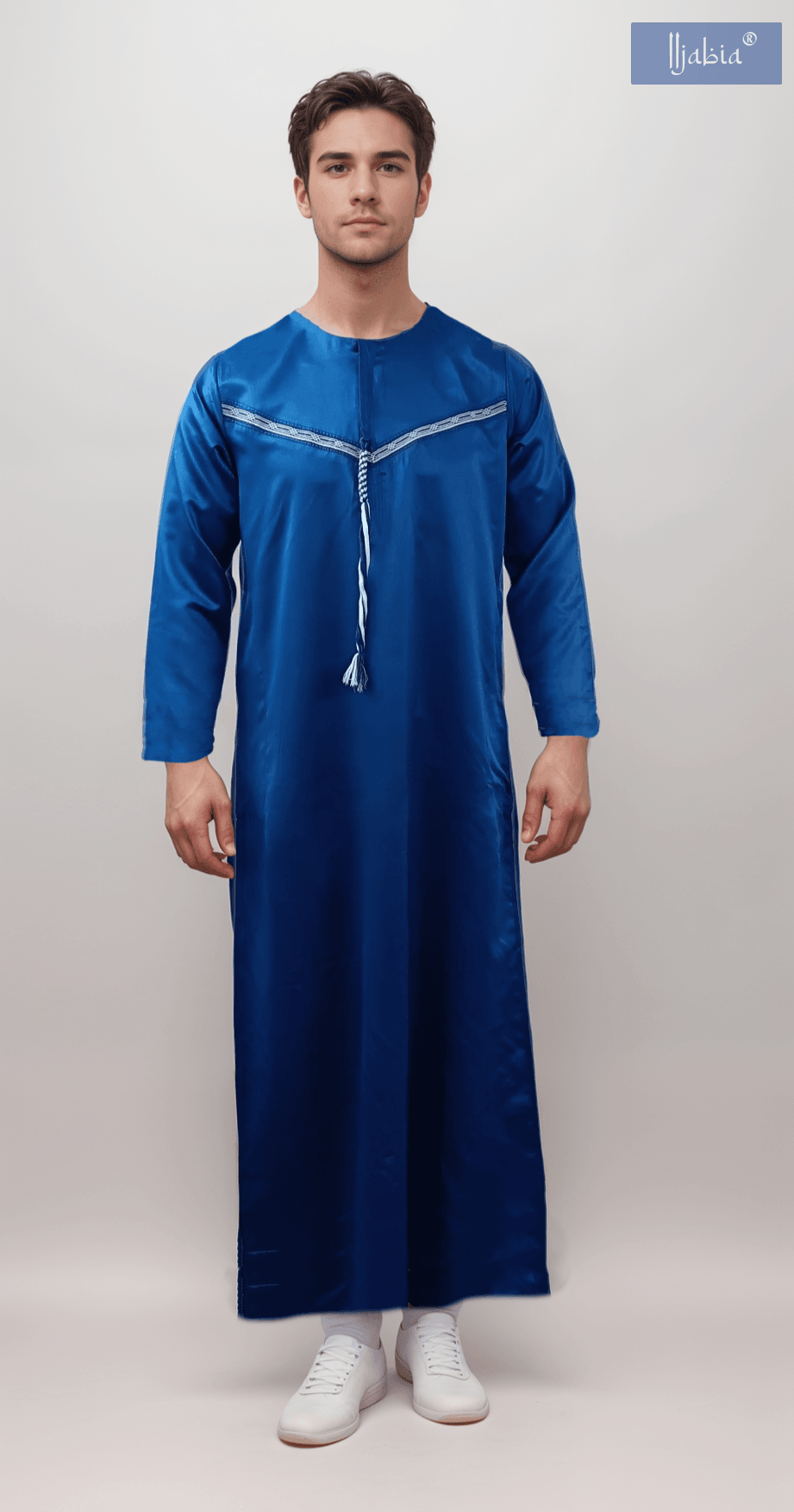 Emirati Mens Omani Thobe - Indian Shiny - Contrast embroidery - Royal Blue