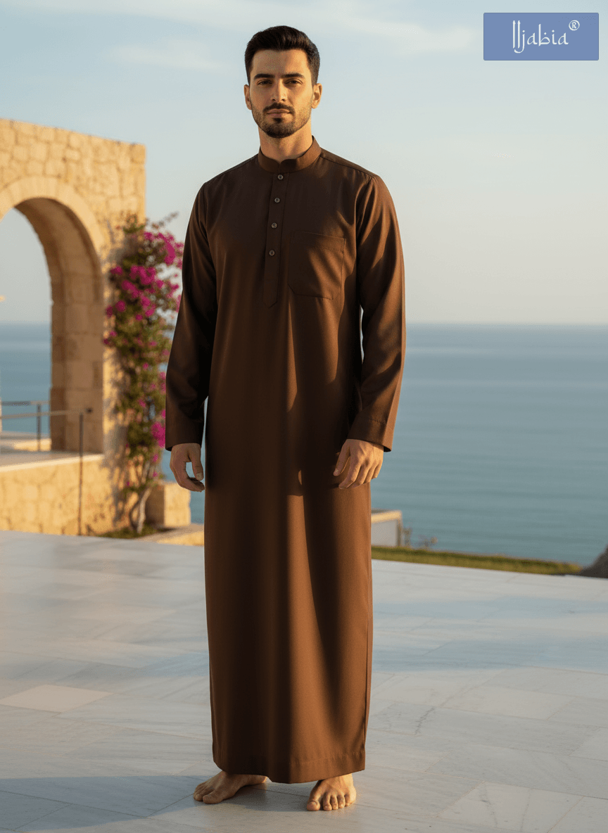 Saudi Collar Thobe - Premium TR Fabric - Brown
