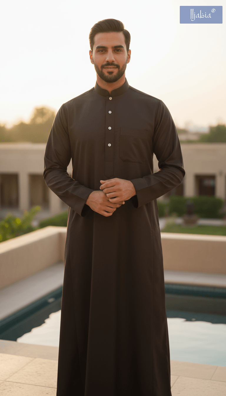Saudi Collar Thobe - Premium TR Fabric - Brown