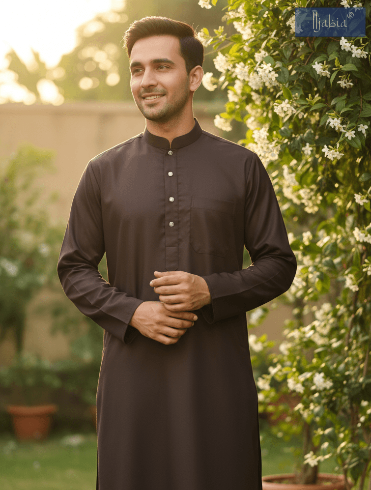 Saudi Collar Thobe - Premium TR Fabric - Brown