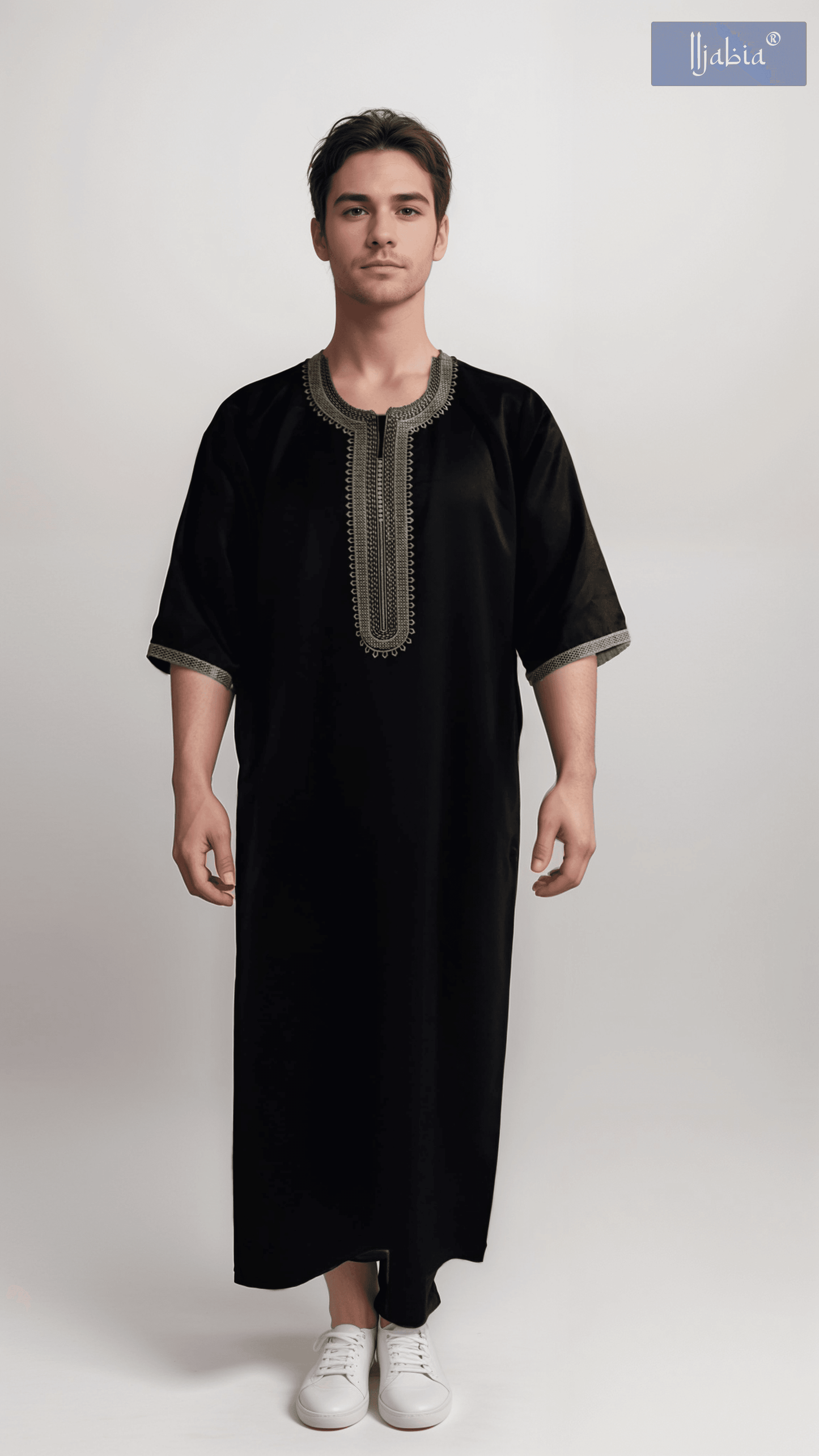 Indian Shiny Fabric Morocco Thobe - 3/4 Sleeves - Best - Black