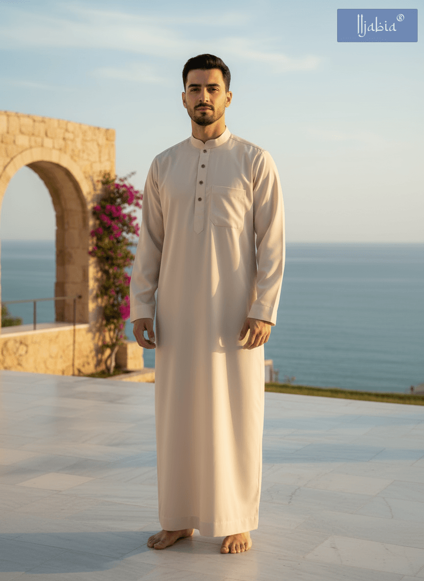 Saudi Collar Thobe - Premium TR Fabric - Cream