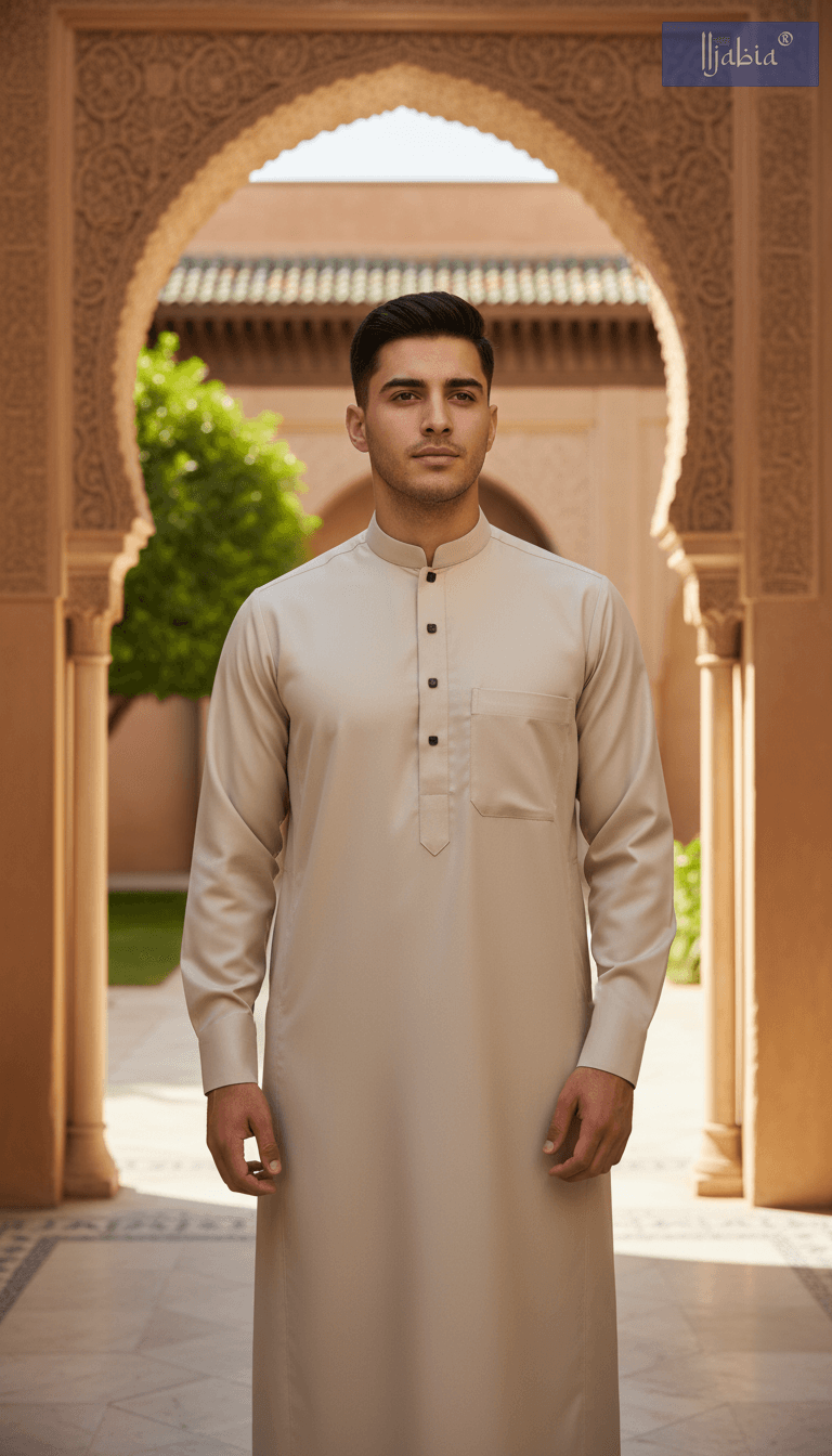 Saudi Collar Thobe - Premium TR Fabric - Cream