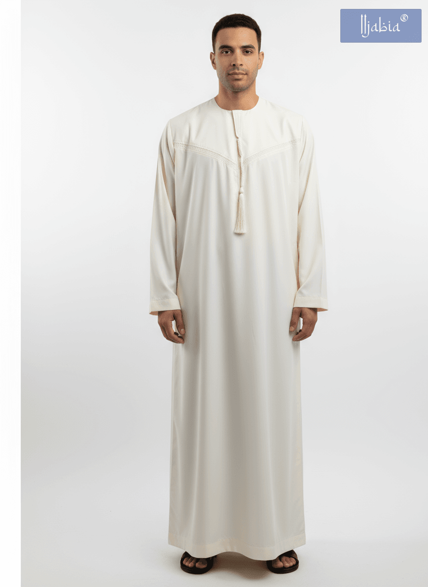 Emirati Mens Omani Thobe - (Embroidery Design 1) - Cream