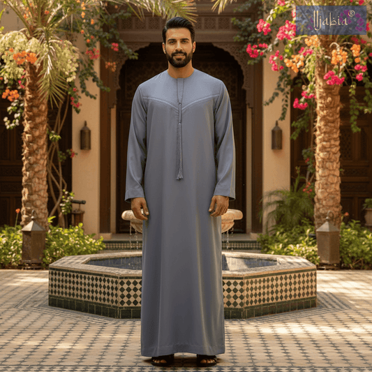 Emirati Mens Omani Thobe - (Embroidery Design 1) - Dark Grey