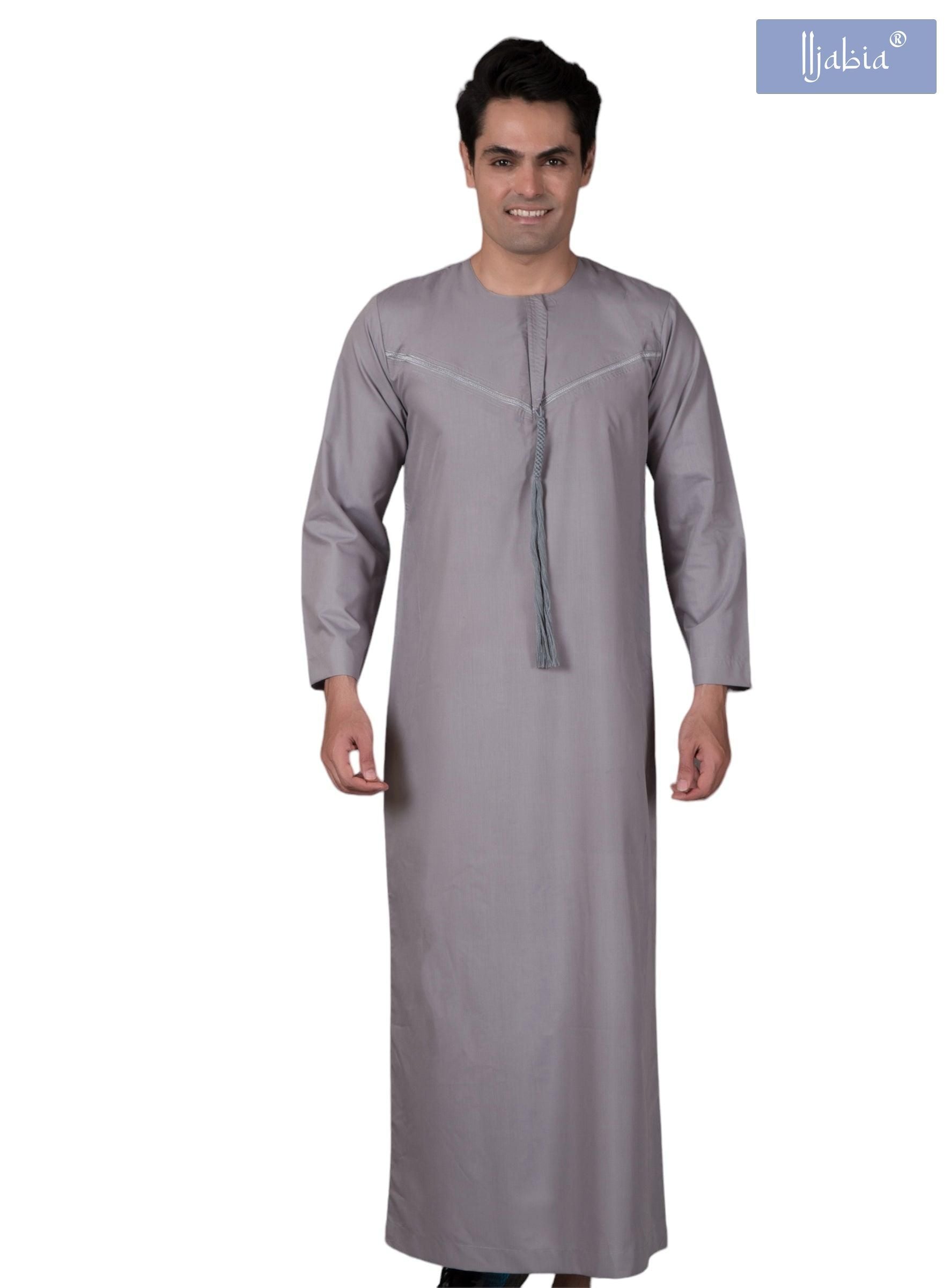 Emirati Mens Omani Thobe - Full Sleeves - Light Grey - IIJABIA