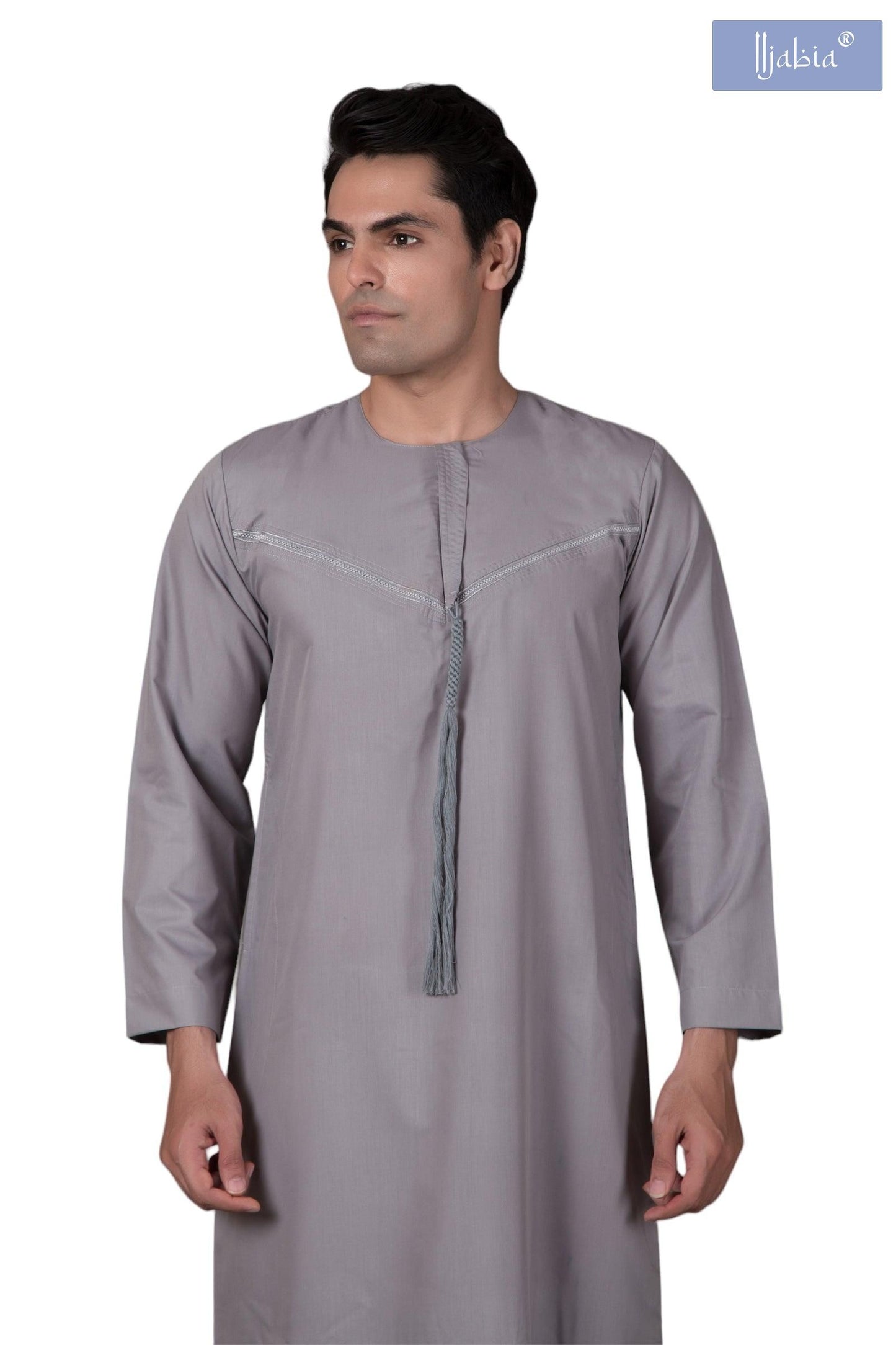 Emirati Mens Omani Thobe - Full Sleeves - Light Grey - IIJABIA
